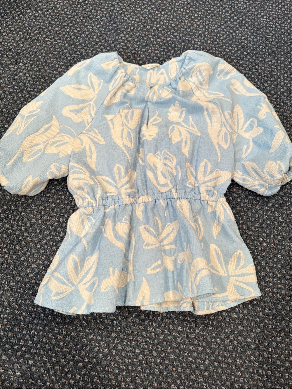 Light Blue Floral Puff-Sleeve Peplum Top